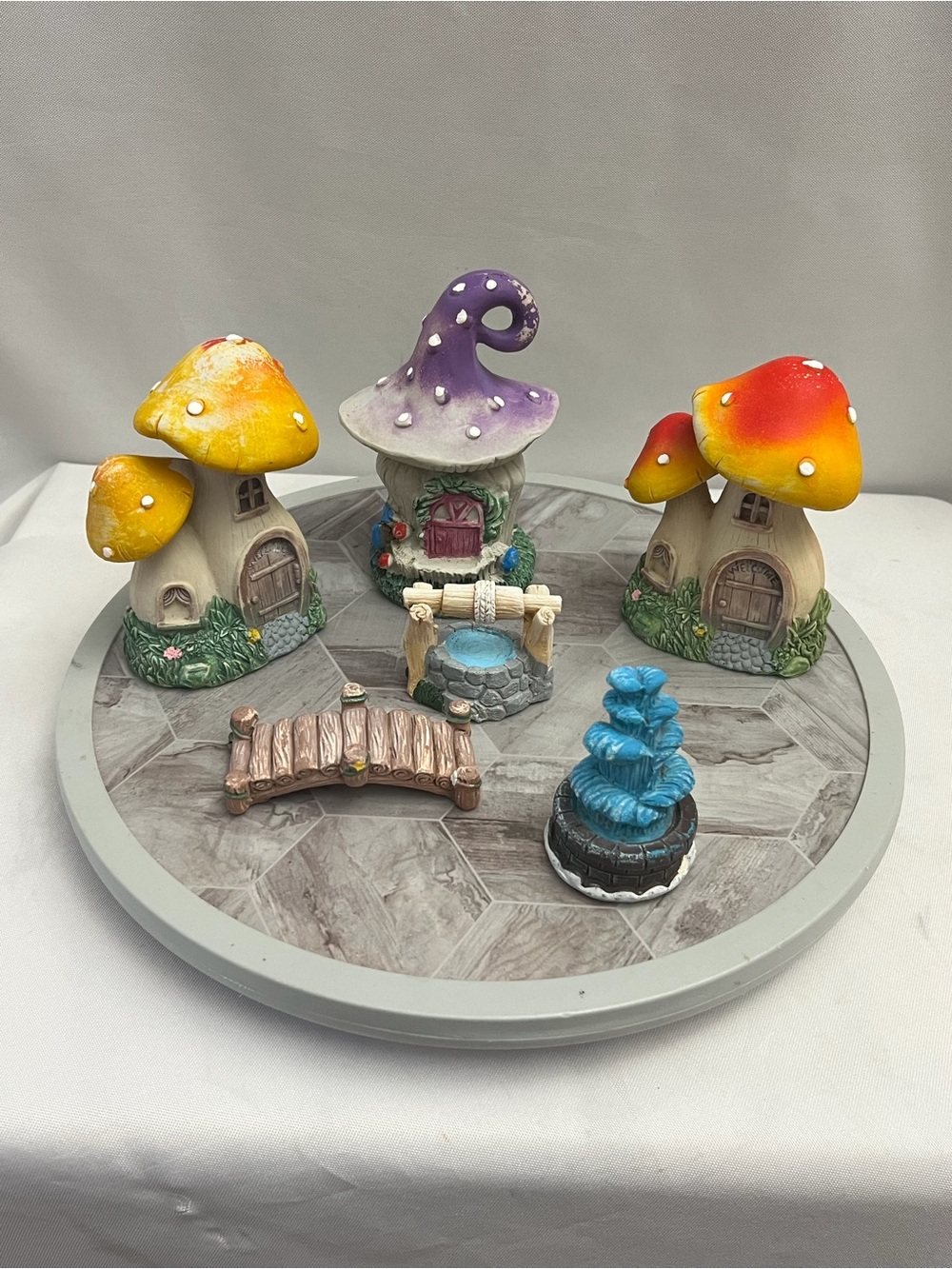 Fairy Garden Mushroom House Lot 6 Miniatures Bridge Well Fountain Whimsical